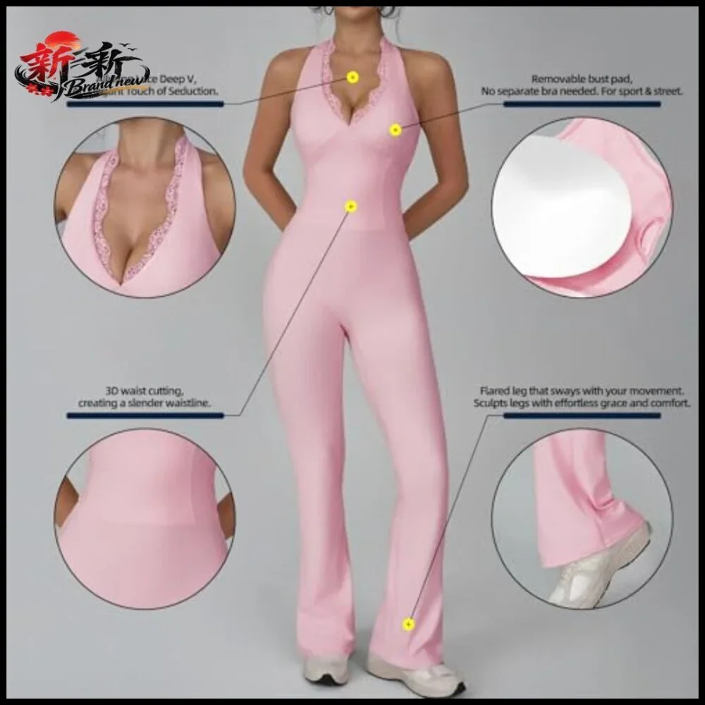 Nylon Spandex Workout Jumpsuit with Halter Neck and Backless Design